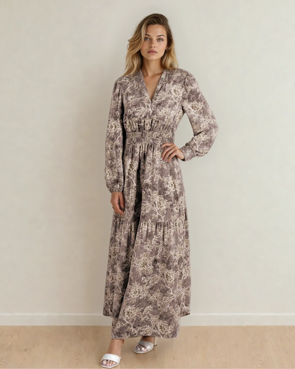 Brianna Floral Print Smocked High Waist Long Sleeve Maxi Dress - Brown