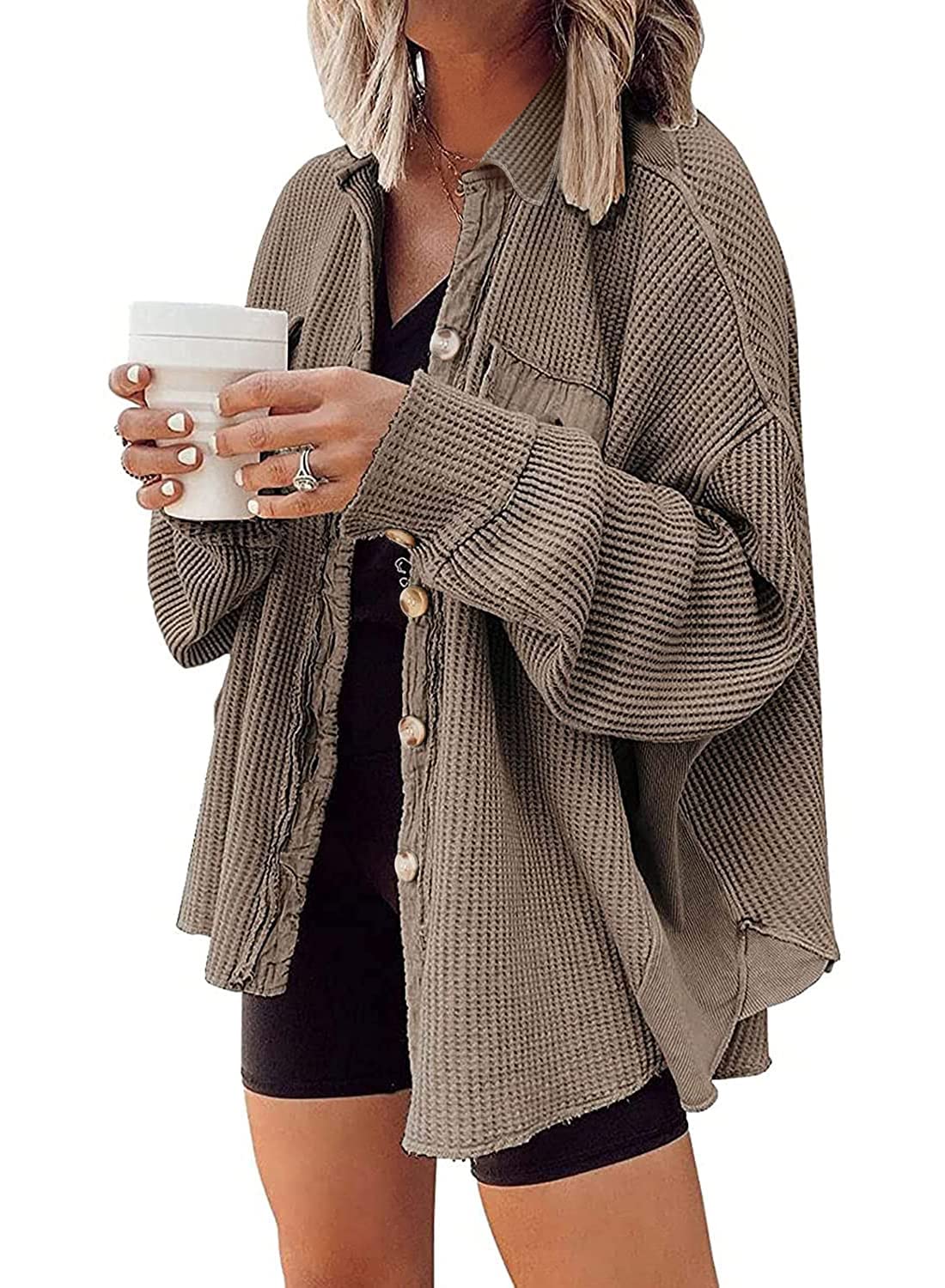 ✨Women's Loose Fit Batwing Sleeve Waffle Knit Button Down Shirt Shacket Tops