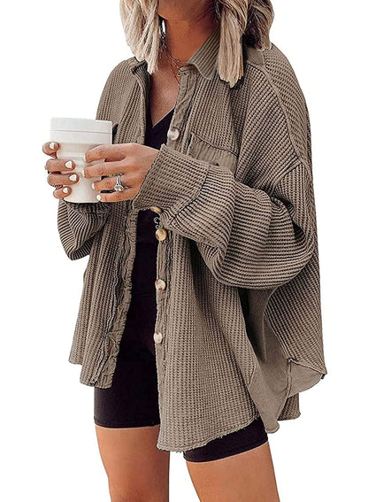 ✨Women's Loose Fit Batwing Sleeve Waffle Knit Button Down Shirt Shacket Tops
