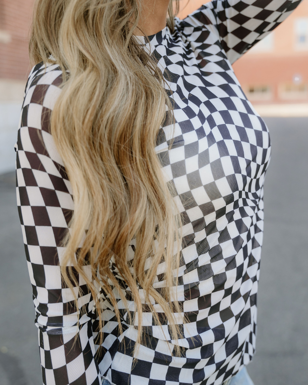 Checkered Mesh Long Sleeve Top - Black
