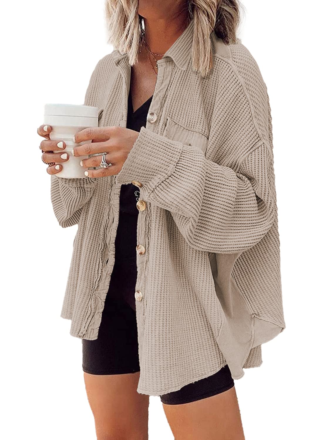 ✨Women's Loose Fit Batwing Sleeve Waffle Knit Button Down Shirt Shacket Tops