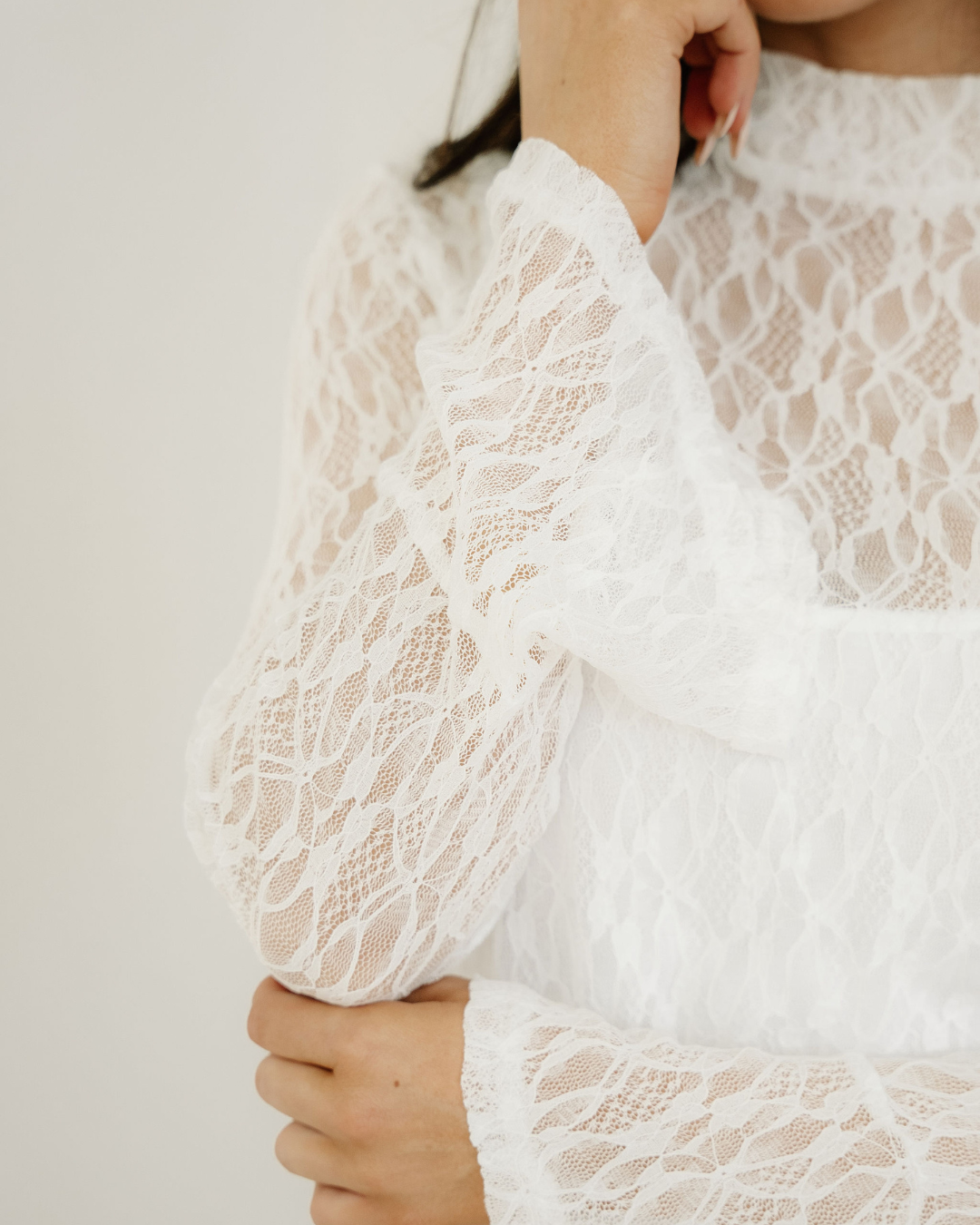 Amara Sheer Lace Bell Sleeve Mock Neck Blouse
