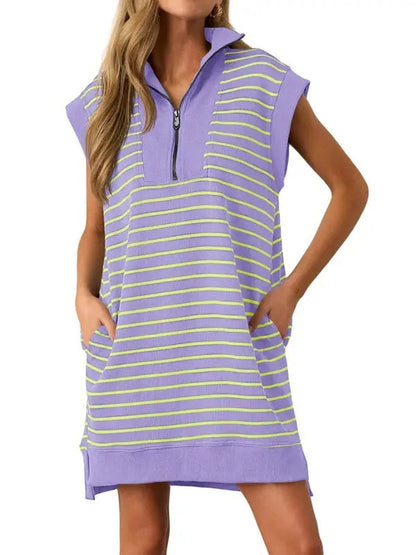 Women's Striped Casual Zipper Cap Sleeve Mini Dress