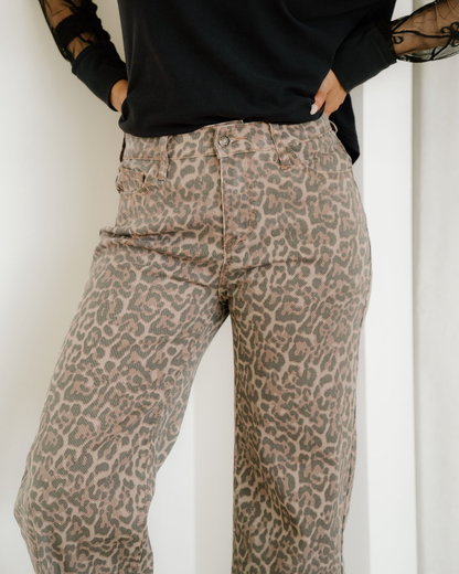 Emiliana Leopard Frayed Edge Wide Leg High Waist Jeans