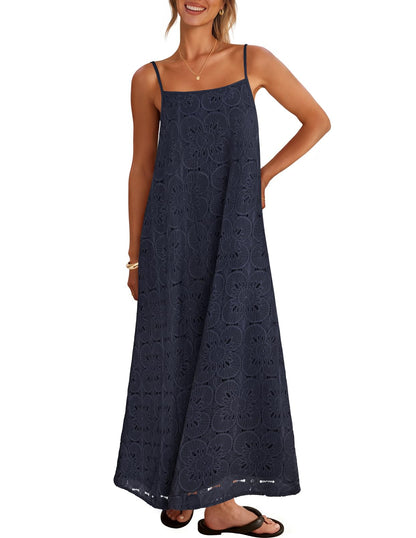 2026 Casual Sleeveless Floral Lace Eyelet Boho Beach Maxi Dress