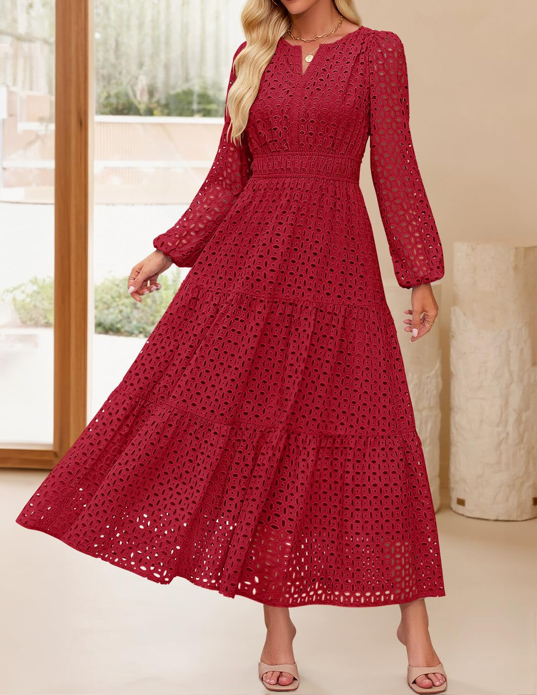 Women's 2026 V Neck Hollow Out Eyelet A Line Long Flowy Dresses