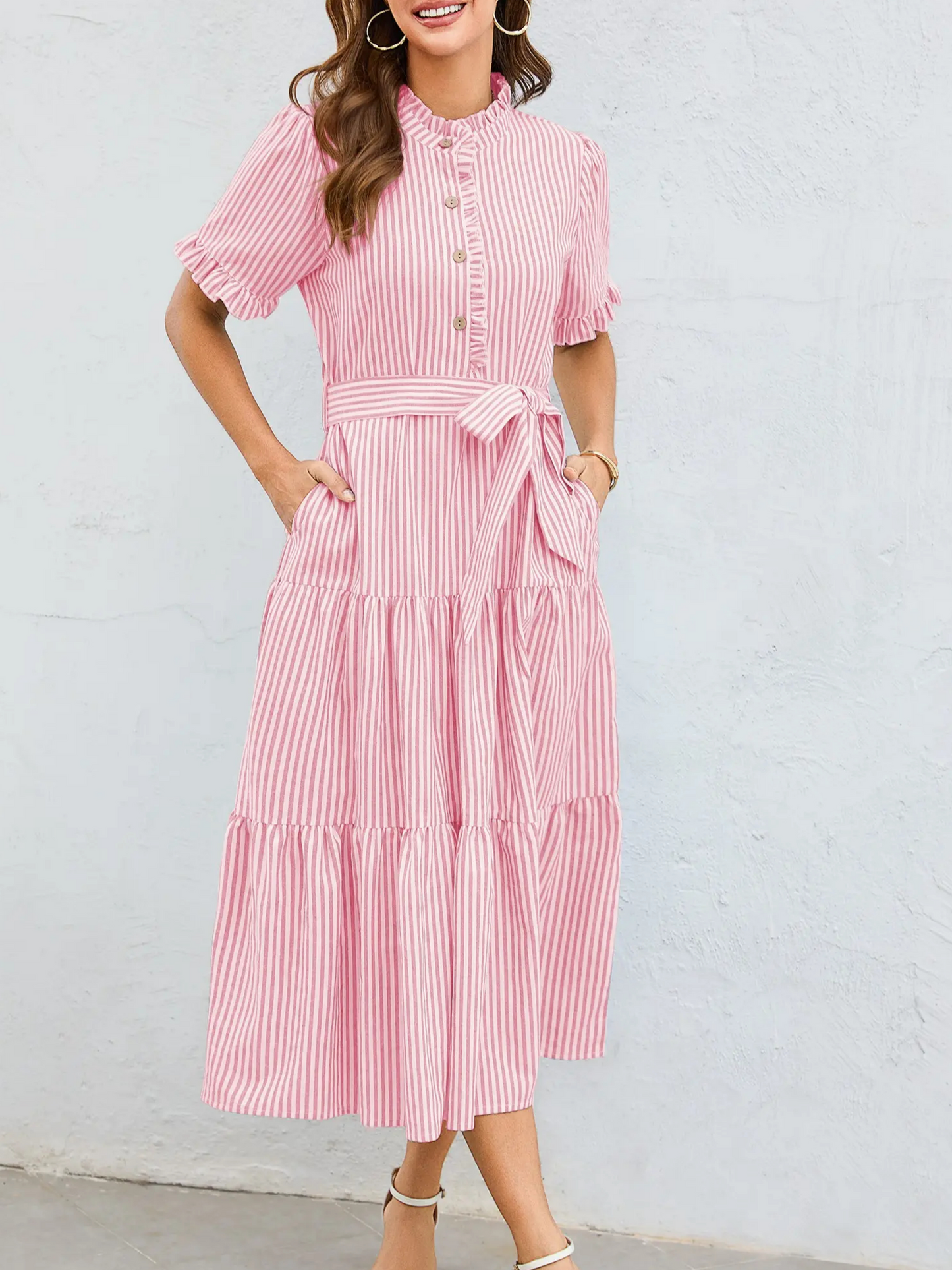 Women's Striped Ruffle Neck Tie-Waist Tiered Midi Dress