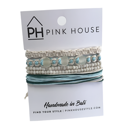 Pink House Arm Deco Beach Glass Pull Bracelets Set/4 - Aqua