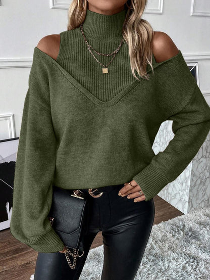 ✨Women's Turtleneck Cold Shoulder 2 In 1 Sweater
