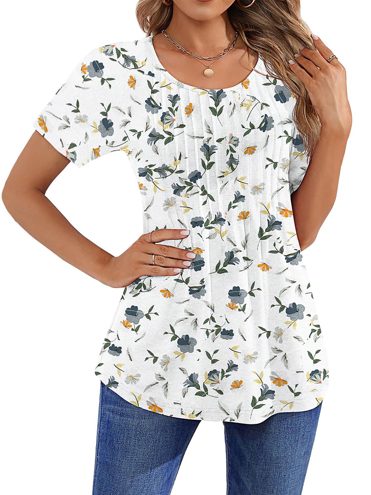 ✨Women Summer Pleated Short Sleeve Tunic Blouses Tops