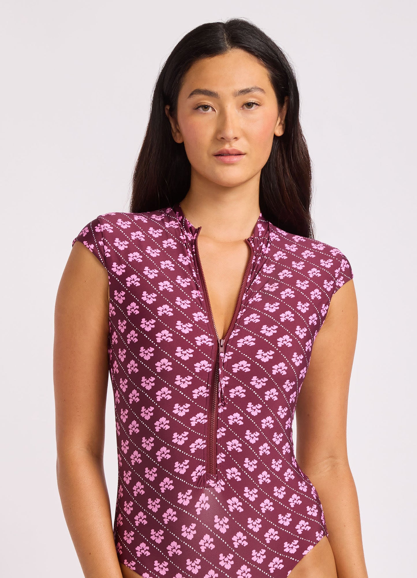 Batik Bloom Cap Sleeve Zip Front One Piece Swimsuit