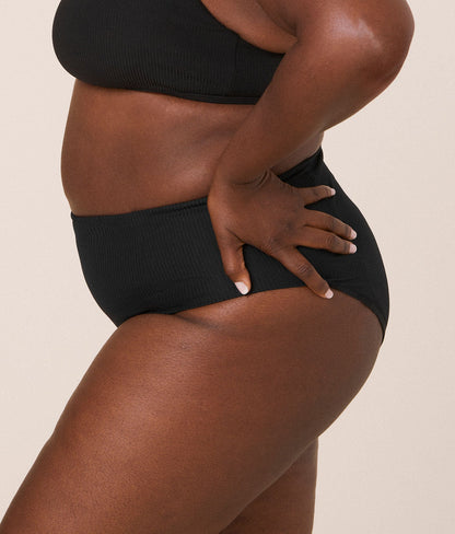 The High Waist Cheeky Bikini Bottom - Eco Ribbed - Black