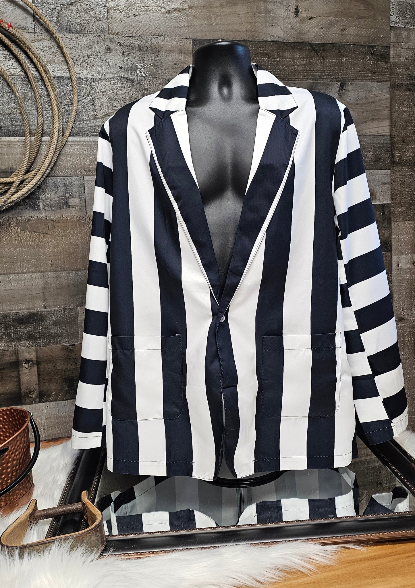 Baha Ranch BeetleJuice Prison Stripe Blazer Women's