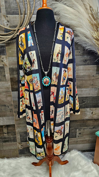 Baha Ranch Vintage Cowboy Collage Western Lightweight Cardigan