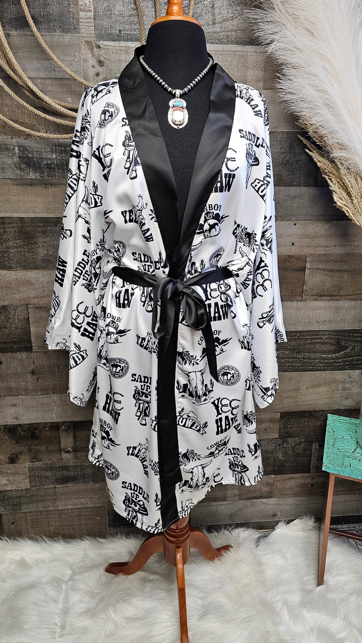 Baha Ranch Cowboy Print Western Satin Kimono Robe