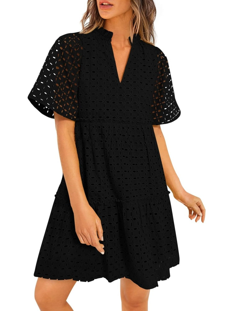 Women's Eyelet Embroidery V-Neck Smocked Waist A-Line Dress