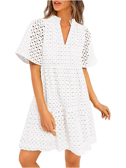 Women's Eyelet Embroidery V-Neck Smocked Waist A-Line Dress