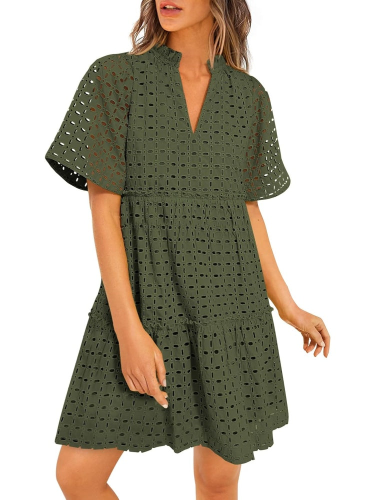 Women's Eyelet Embroidery V-Neck Smocked Waist A-Line Dress