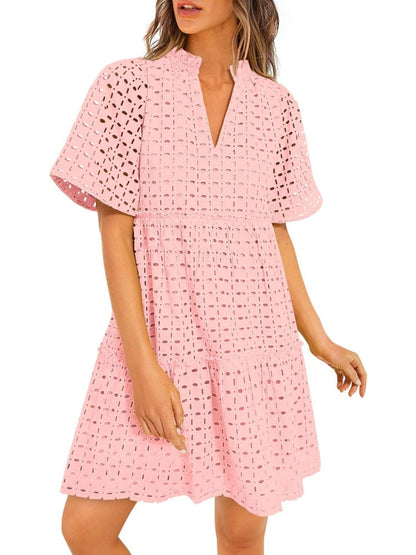 Women's Eyelet Embroidery V-Neck Smocked Waist A-Line Dress