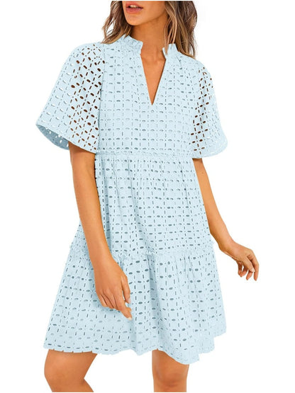 Women's Eyelet Embroidery V-Neck Smocked Waist A-Line Dress