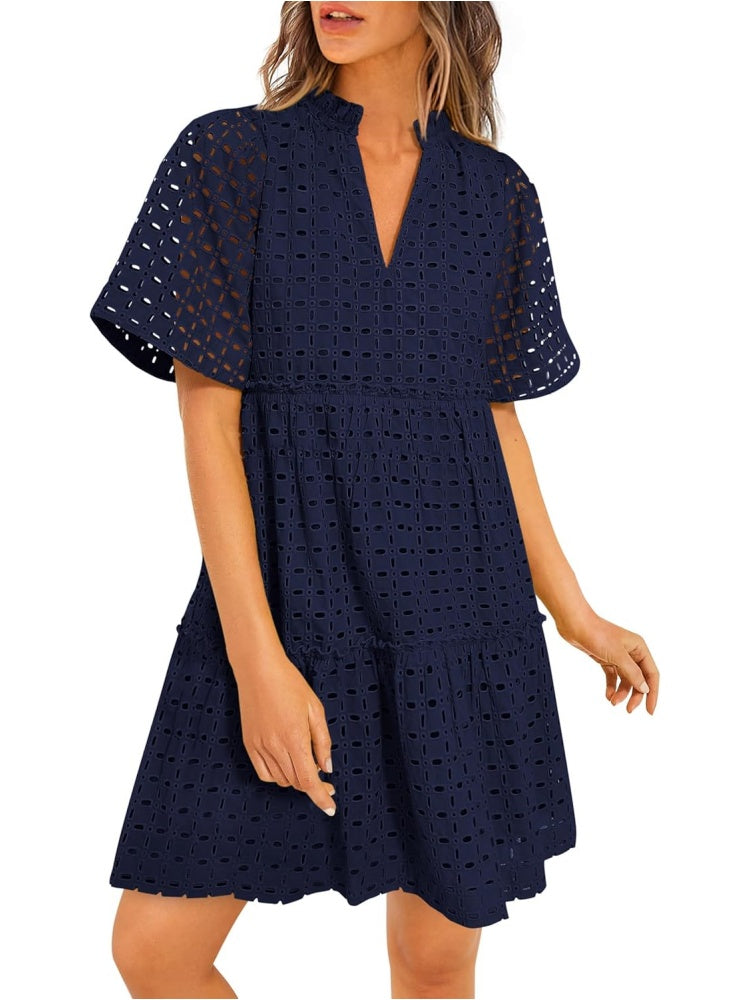 Women's Eyelet Embroidery V-Neck Smocked Waist A-Line Dress