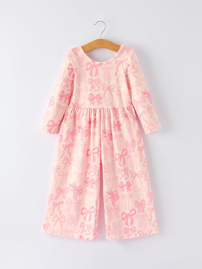 Girls Pink Bow Print Long Sleeve Jumpsuit