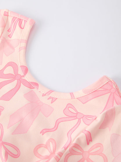 Girls Pink Bow Print Long Sleeve Jumpsuit