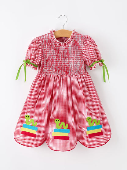 Girls Back To School Worm Plaid Twirl Dress Smocked