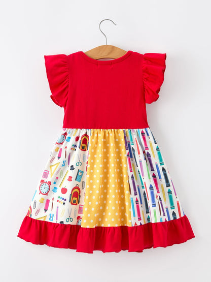 Girls Back To School Pencil Twirl Dress Ruffle Patchwork