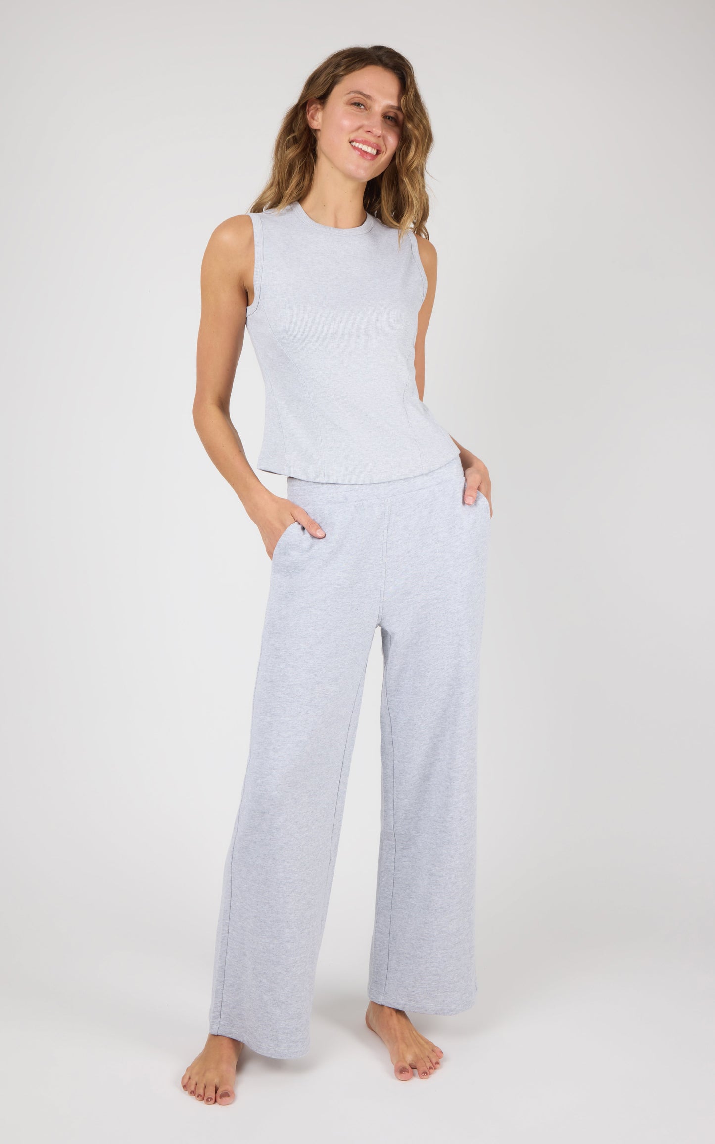 90 Degree by Reflex Ribbed Tank & Loop Terry Wide Leg Pant Set