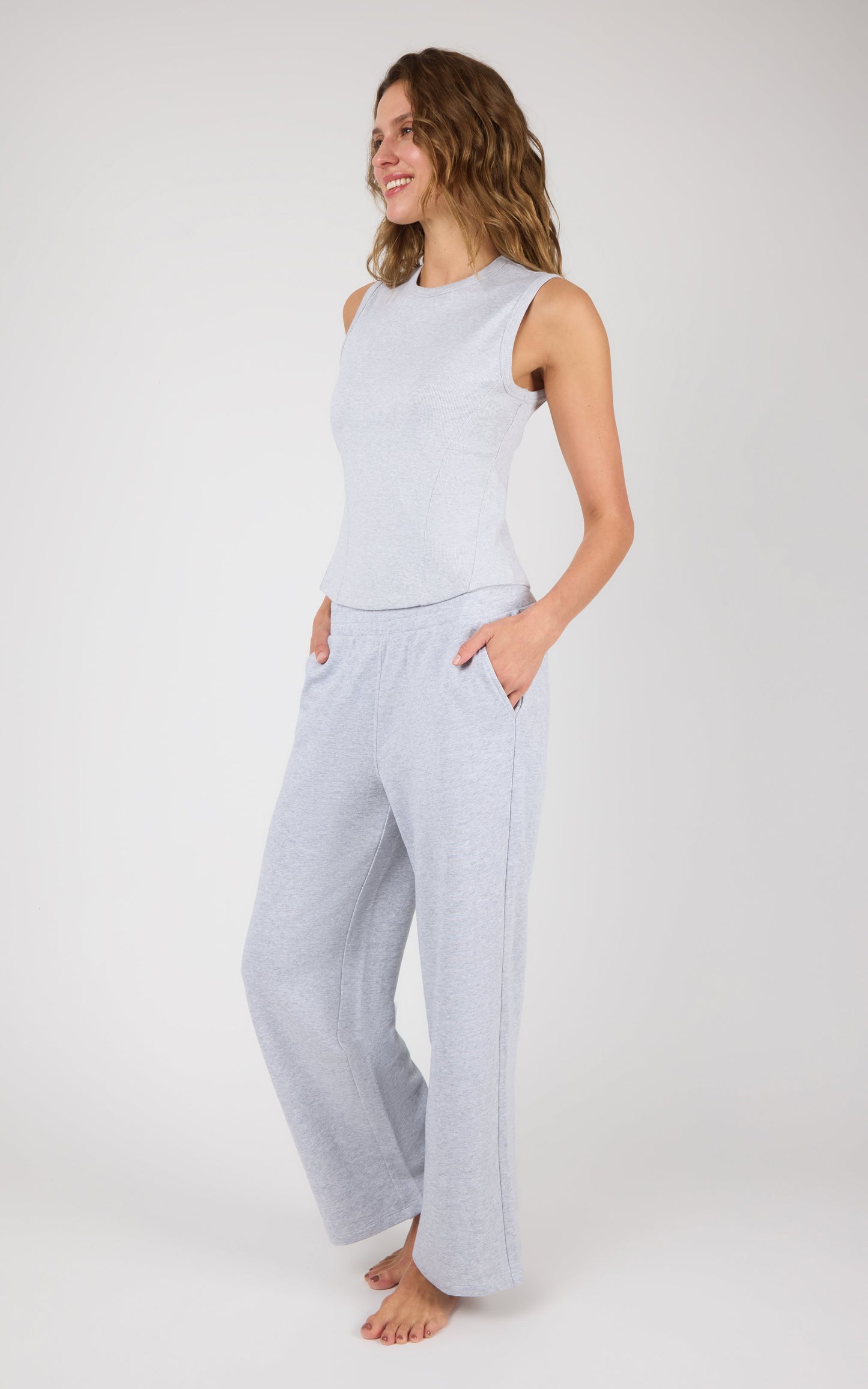 90 Degree by Reflex Ribbed Tank & Loop Terry Wide Leg Pant Set