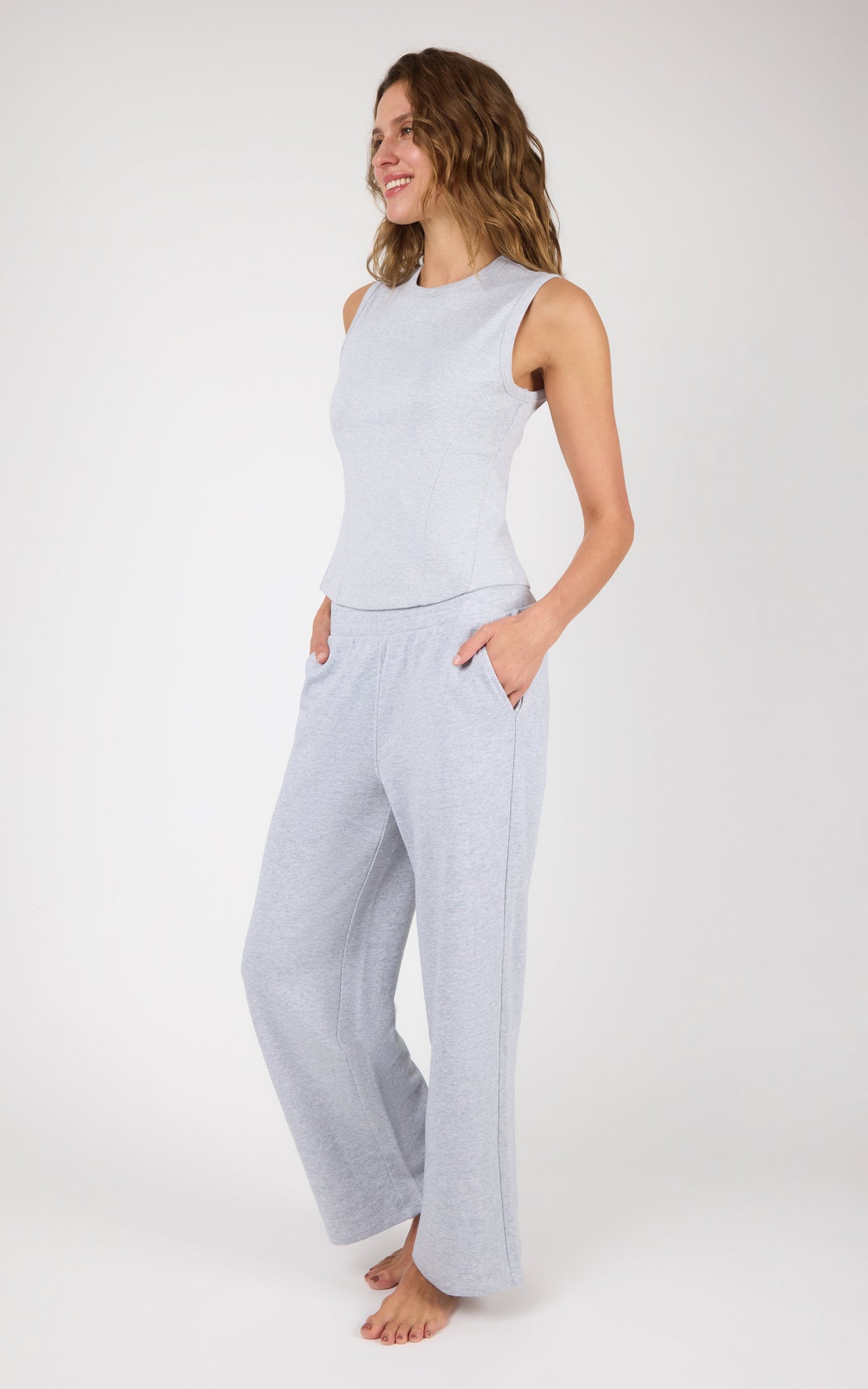 90 Degree by Reflex Ribbed Tank & Loop Terry Wide Leg Pant Set