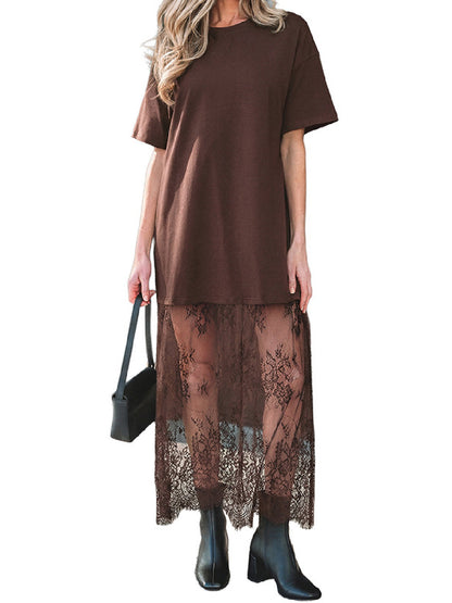 Women's Oversized T-Shirt Maxi Dress with Sheer Lace Hem Drop