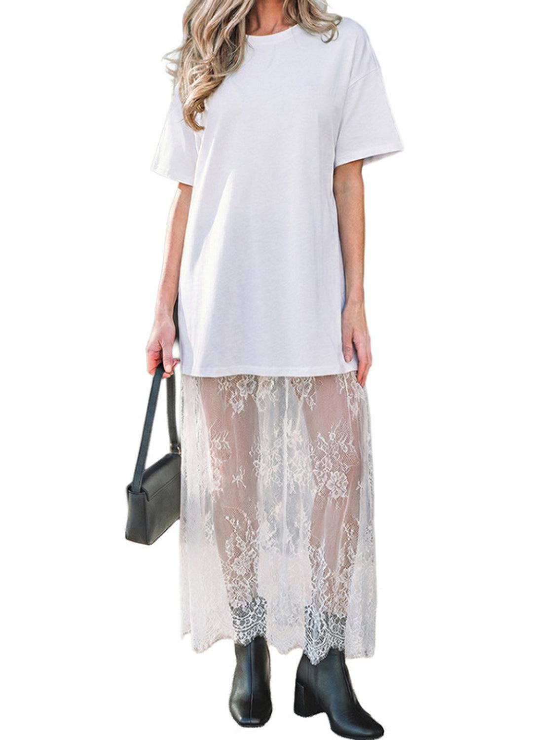 Women's Oversized T-Shirt Maxi Dress with Sheer Lace Hem Drop