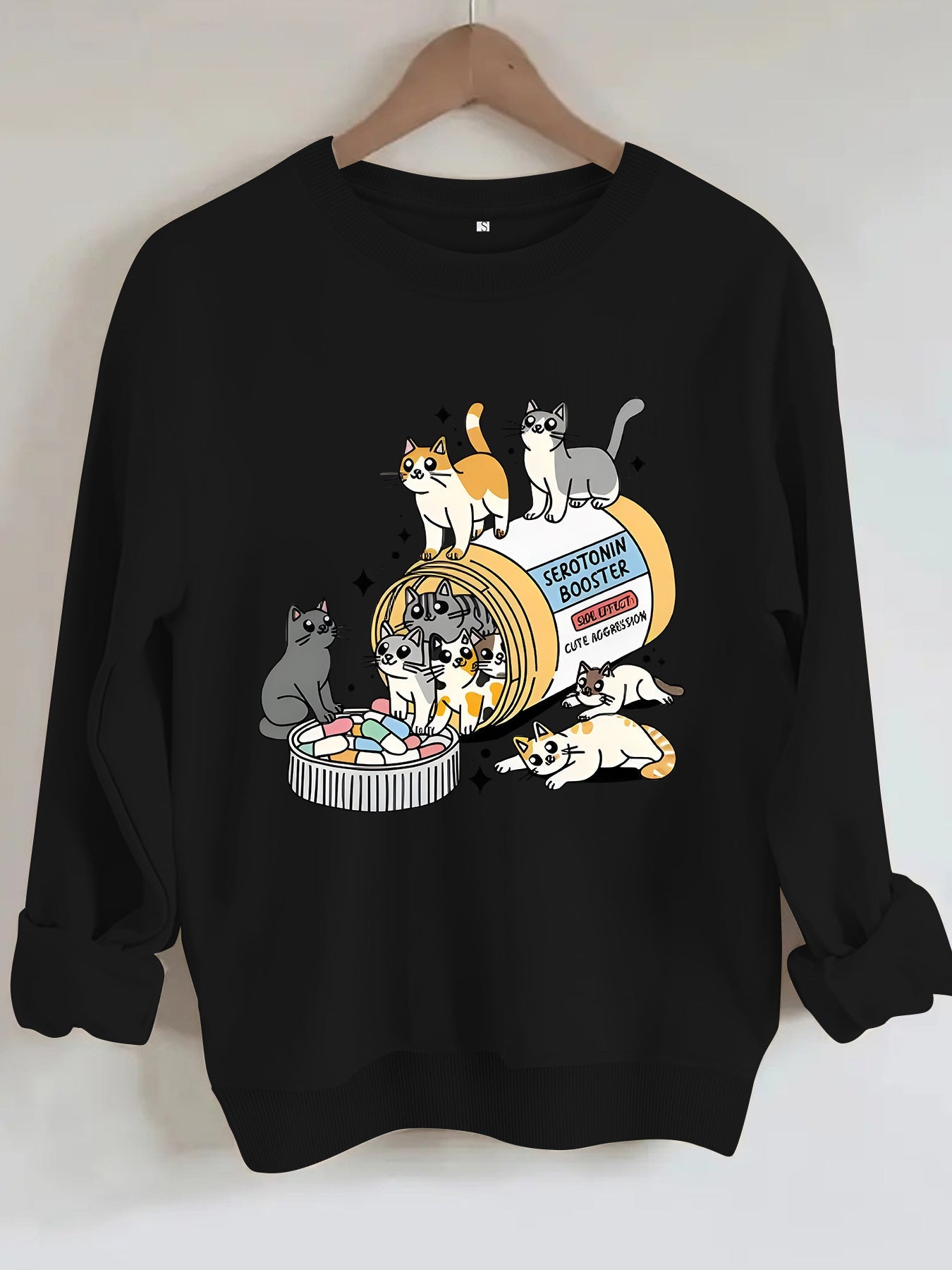 Cartoon cat lover printed round neck long sleeved sweatshirt