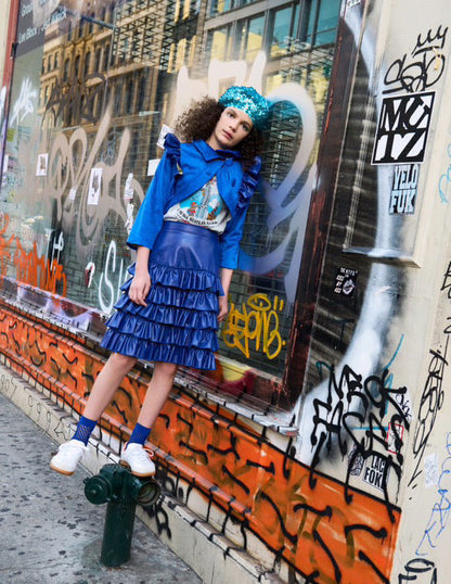 Cobalt Ruffle Leather Skirt
