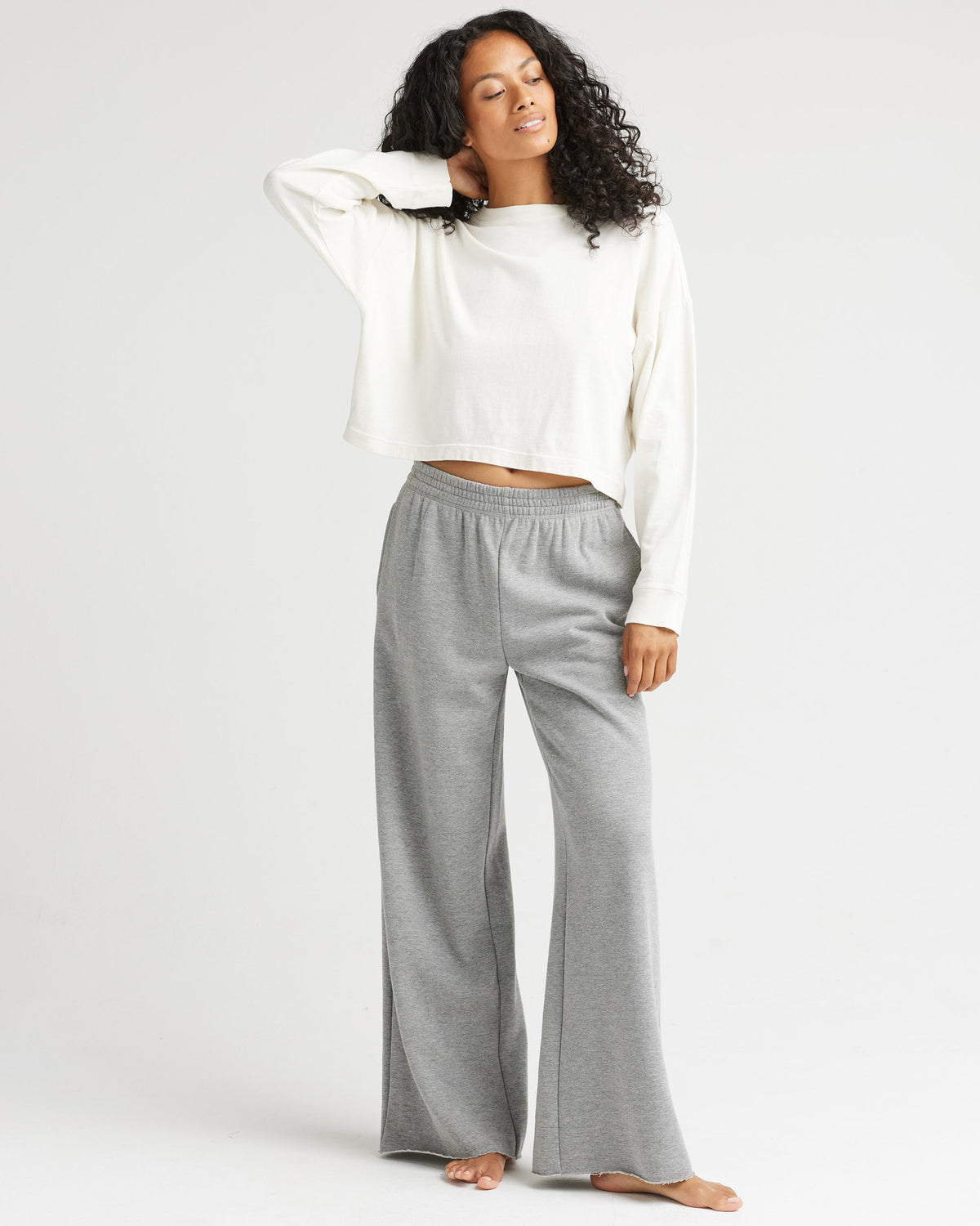 Womens Relaxed Crop Long Sleeve Tee - Pigment Dye Jersey - Bone