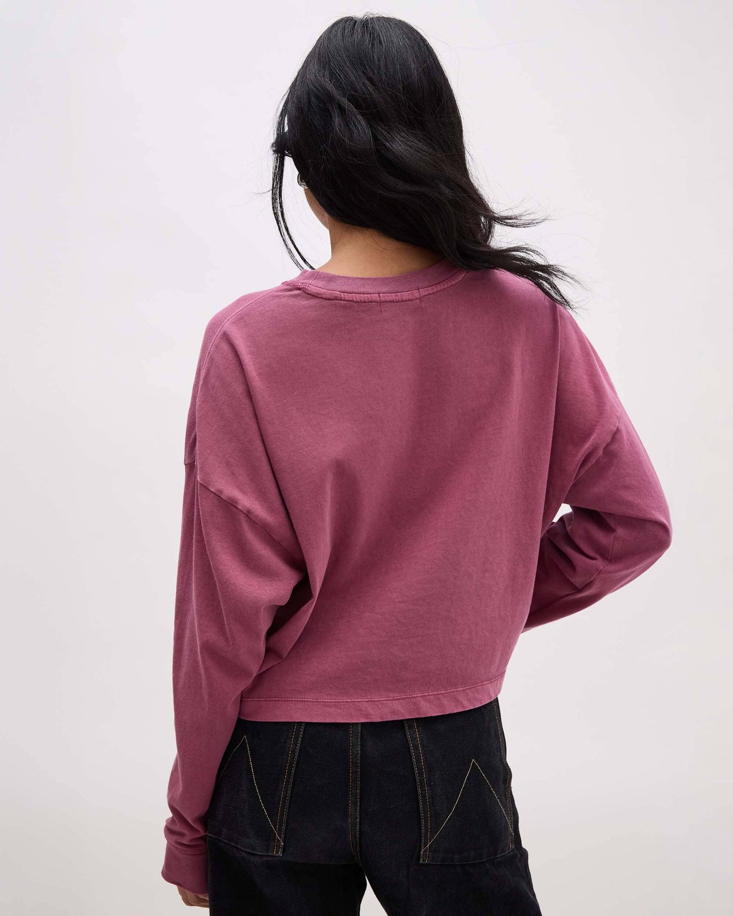 Womens Relaxed Crop Long Sleeve Tee - Pigment Dye Jersey - Burgundy