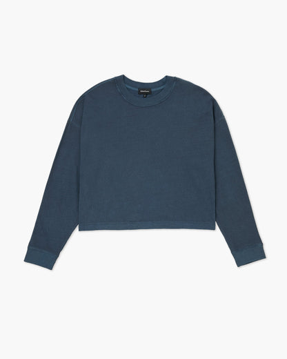 Womens Relaxed Crop Long Sleeve Tee - Pigment Dye Jersey - Moonlit Ocean