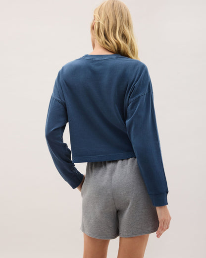 Womens Relaxed Crop Long Sleeve Tee - Pigment Dye Jersey - Moonlit Ocean