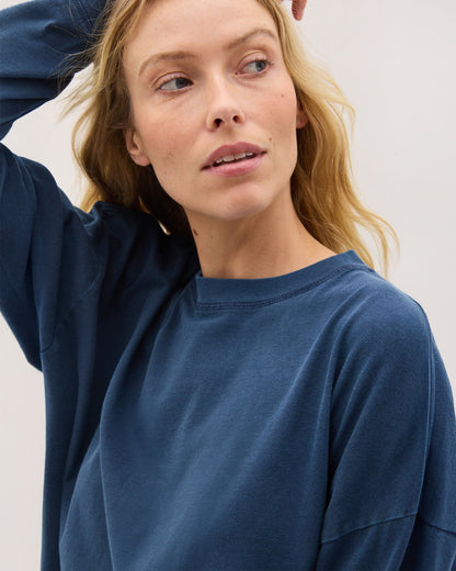 Womens Relaxed Crop Long Sleeve Tee - Pigment Dye Jersey - Moonlit Ocean