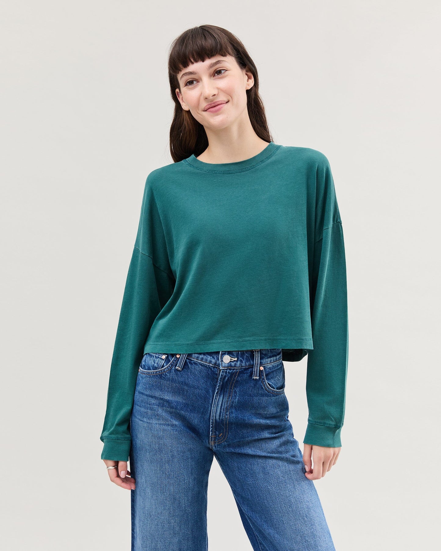 Womens Relaxed Crop Long Sleeve Tee - Pigment Dye Jersey - Rainforest