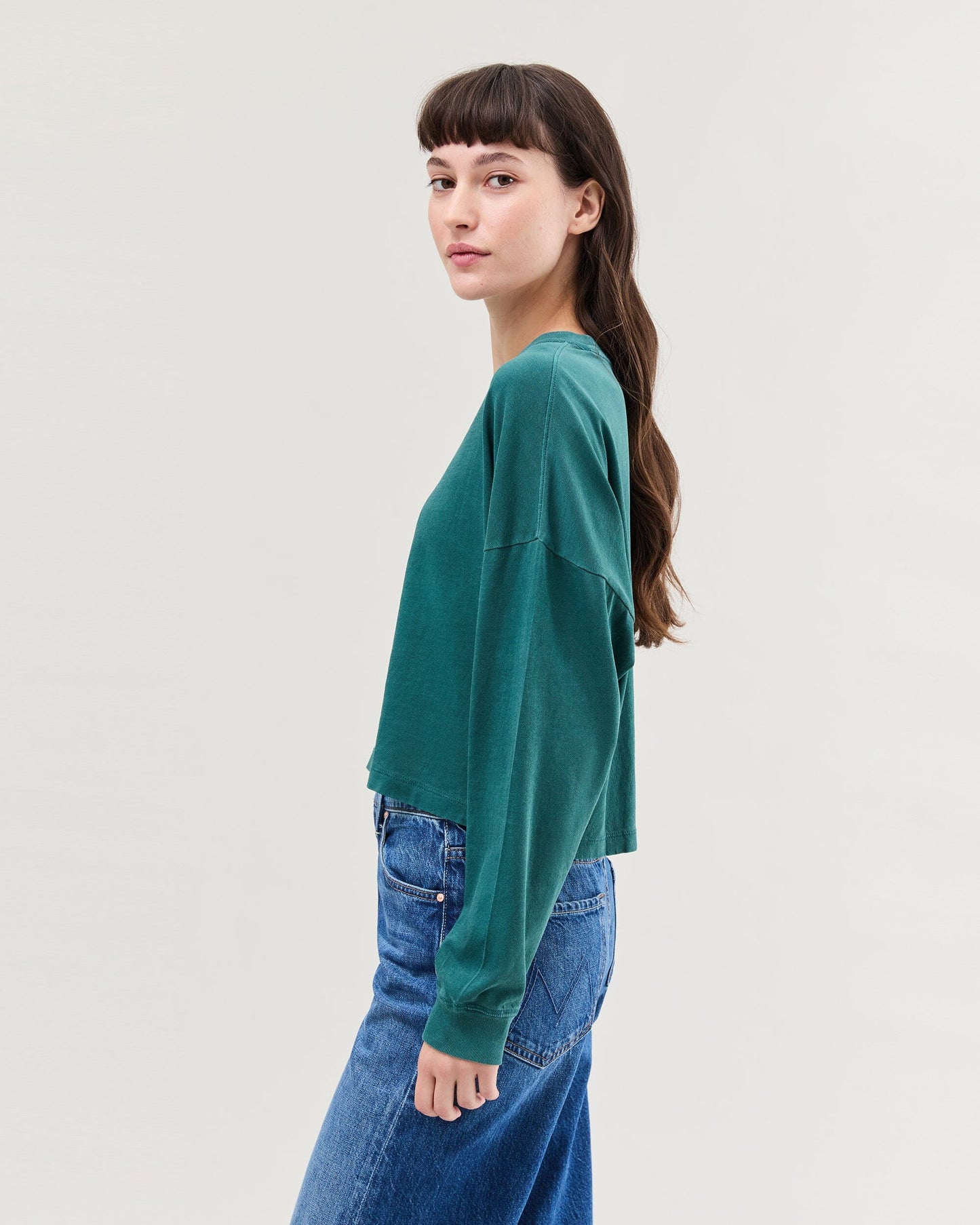 Womens Relaxed Crop Long Sleeve Tee - Pigment Dye Jersey - Rainforest