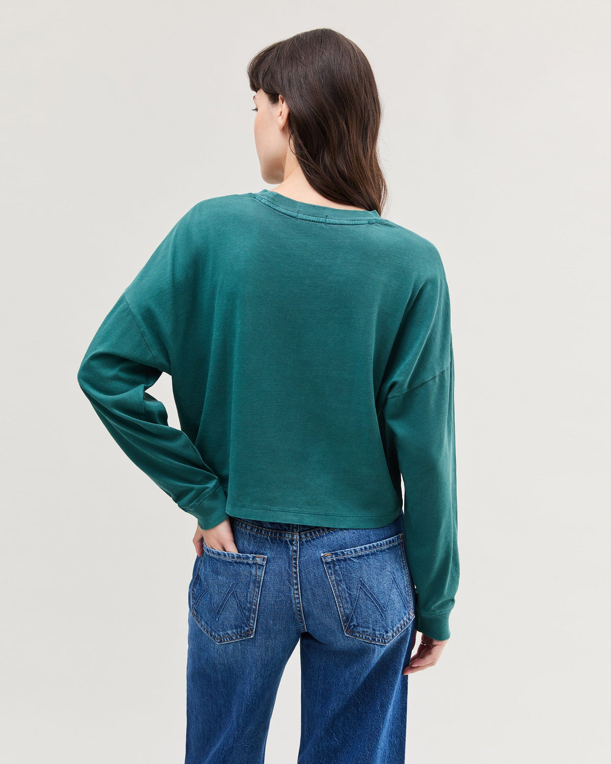 Womens Relaxed Crop Long Sleeve Tee - Pigment Dye Jersey - Rainforest