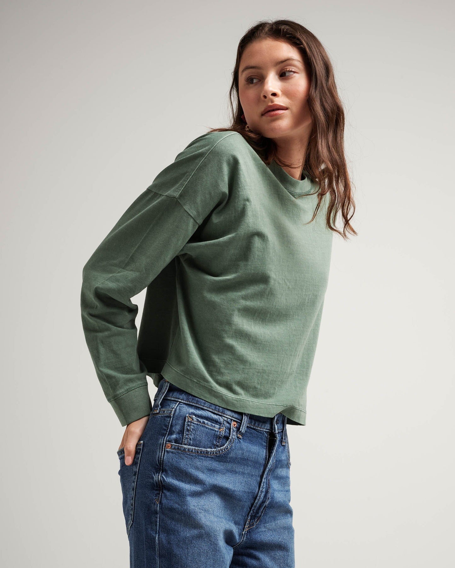 Womens Relaxed Crop Long Sleeve Tee - Pigment Dye Jersey - Sage Leaf