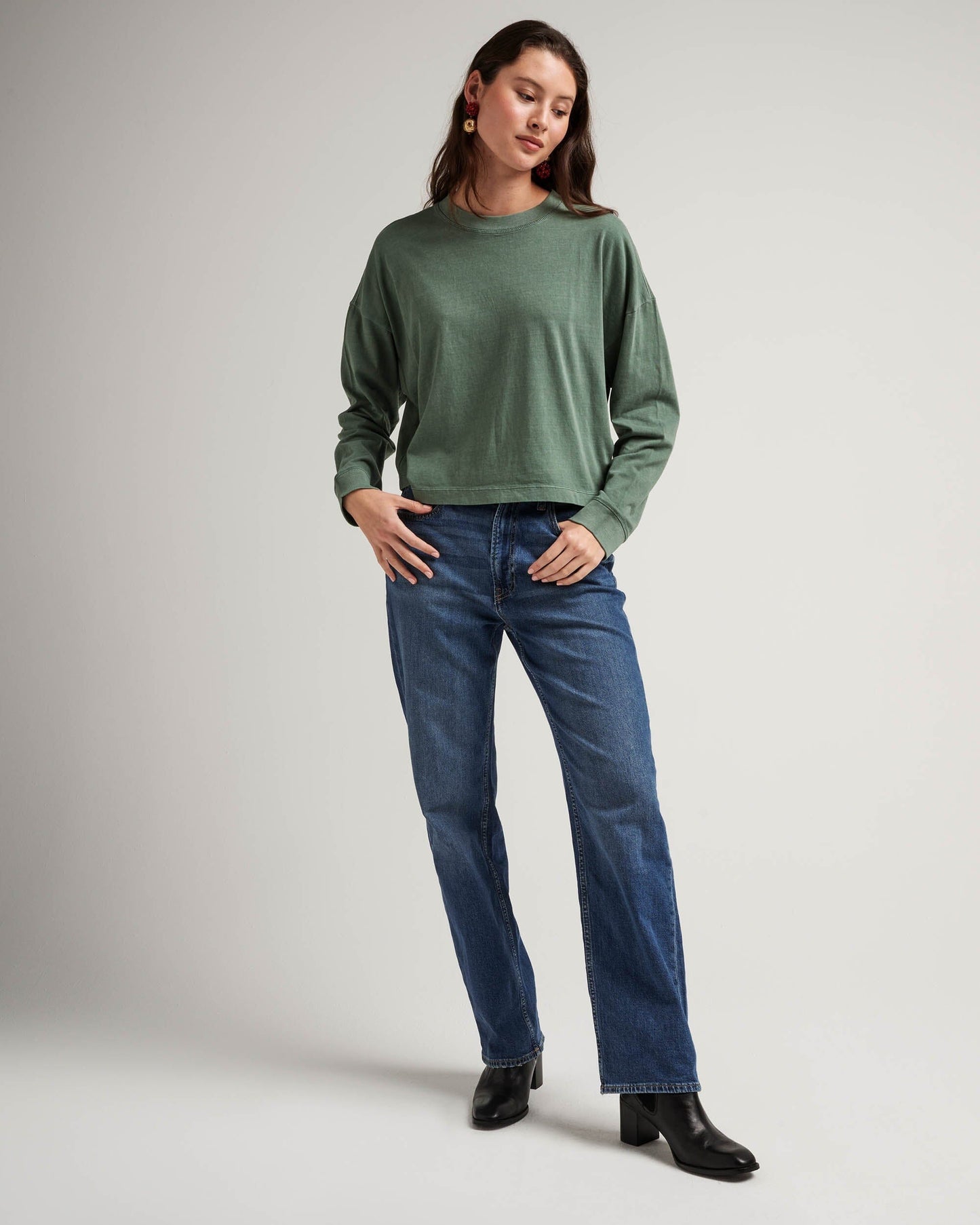 Womens Relaxed Crop Long Sleeve Tee - Pigment Dye Jersey - Sage Leaf