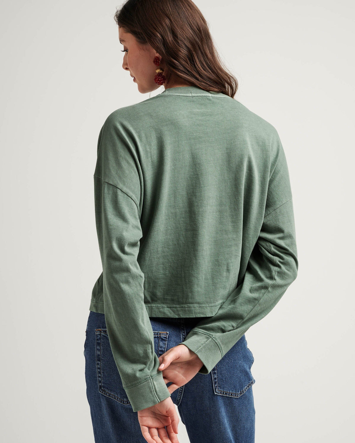 Womens Relaxed Crop Long Sleeve Tee - Pigment Dye Jersey - Sage Leaf