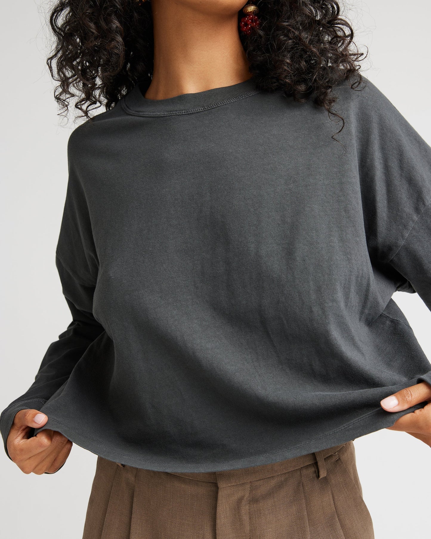 Womens Relaxed Crop Long Sleeve Tee - Pigment Dye Jersey - Stretch Limo