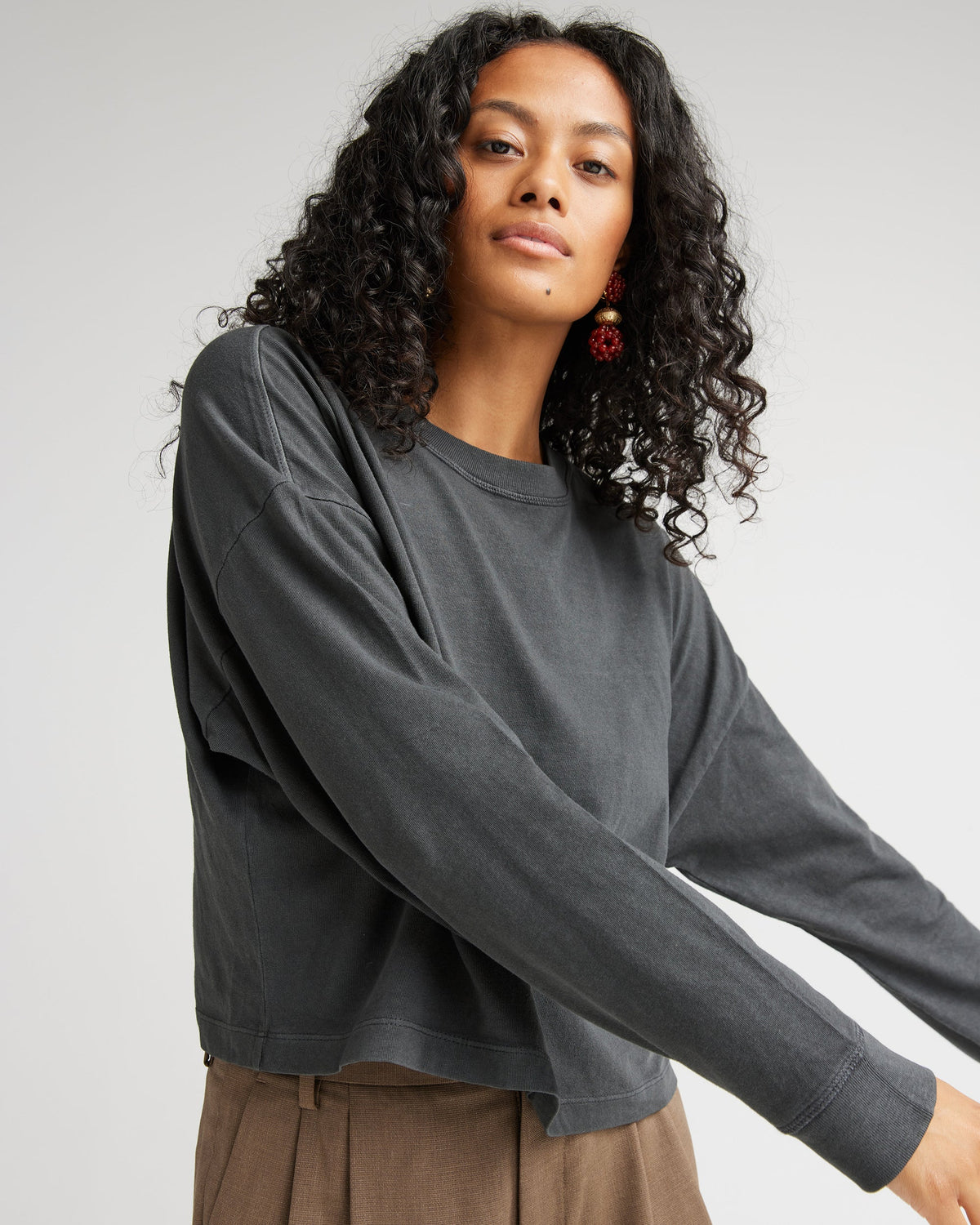 Womens Relaxed Crop Long Sleeve Tee - Pigment Dye Jersey - Stretch Limo
