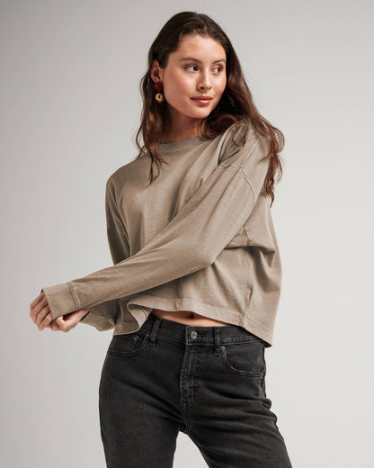 Womens Relaxed Crop Long Sleeve Tee - Pigment Dye Jersey - Warm Grey